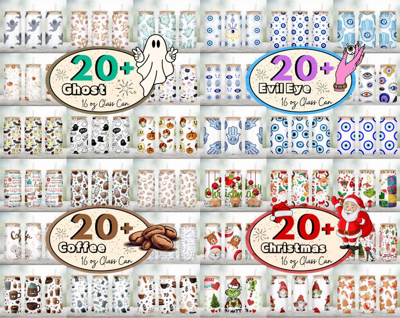 Peut inclure: Un collage de plus de 20 designs diff&eacute;rents pour des canettes en verre de 473 ml. Les designs incluent le caf&eacute;, No&euml;l, les fant&ocirc;mes et les mauvais yeux.