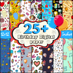 25 + Birthday Digital Paper, Birthday Printable Paper, Birthday Seamless Pattern, Birthday Clipart, Celebration Background, Cupcake & Candle