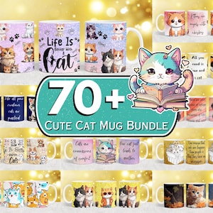K&ouml;nnte beinhalten: Eine Sammlung von &uuml;ber 70 bunten Keramikbechern mit niedlichen Katzenillustrationen und Spr&uuml;chen. Die Becher haben wei&szlig;e Henkel und sind in einem Raster angeordnet. Einige der Spr&uuml;che sind "Das Leben ist besser mit einer Katze", "Alles, was du brauchst, ist Liebe und eine Katze" und "Eine Katze f&uuml;hrt zu einer anderen".