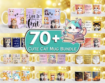 Más de 70 diseños de envoltorios para tazas con forma de gato, envoltorios para tazas para amantes de los gatos, diseños de sublimación de gatos de 11 oz y 15 oz, divertidas tazas con forma de gato PNG, envoltorios para tazas de café para amantes de los gatos