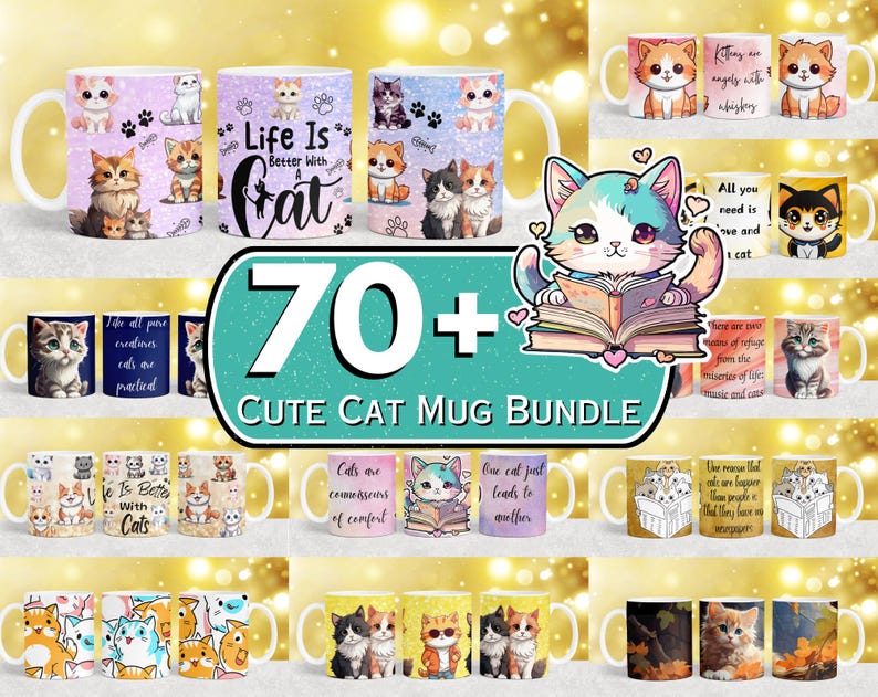 K&ouml;nnte beinhalten: Eine Sammlung von &uuml;ber 70 bunten Keramikbechern mit niedlichen Katzenillustrationen und Spr&uuml;chen. Die Becher haben wei&szlig;e Henkel und sind in einem Raster angeordnet. Einige der Spr&uuml;che sind "Das Leben ist besser mit einer Katze", "Alles, was du brauchst, ist Liebe und eine Katze" und "Eine Katze f&uuml;hrt zu einer anderen".