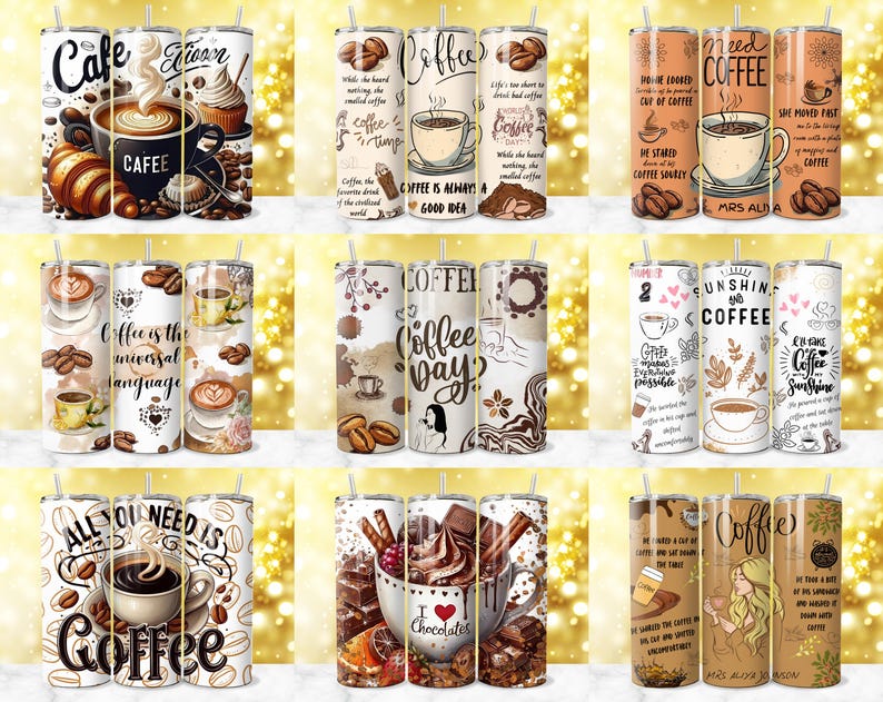 K&ouml;nnte beinhalten: Eine Sammlung isolierter Becher mit Kaffeemotiven. Die Becher zeigen verschiedene Grafiken, darunter Kaffeetassen, Bohnen und Texte wie "Cafe", "Coffee" und "All You Need Is Coffee". Die Farbpalette umfasst Braun-, Wei&szlig;- und Schwarzt&ouml;ne.