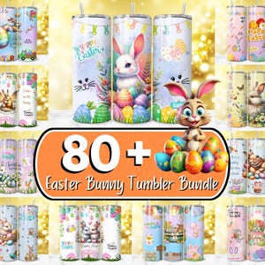 May include: A set of 80+ Easter bunny themed tumbler designs. The tumblers feature various Easter bunny illustrations, including bunnies holding eggs, bunnies with carrots, and bunnies with flowers. The designs are in a variety of colors, including pink, blue, green, yellow, and purple. The tumblers are perfect for adding a touch of Easter cheer to your home or for gifting to friends and family.