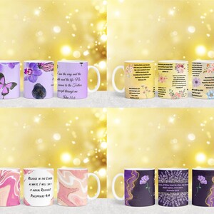 May include: Set of 10 white ceramic mugs with various designs. The mugs feature floral patterns, abstract designs, and inspirational quotes. The quotes include "Rejoice in the Lord Always", "I am the way and the life", and "And by your faith you will overcome."