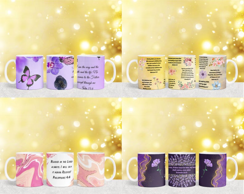May include: Set of 10 white ceramic mugs with various designs. The mugs feature floral patterns, abstract designs, and inspirational quotes. The quotes include "Rejoice in the Lord Always", "I am the way and the life", and "And by your faith you will overcome."