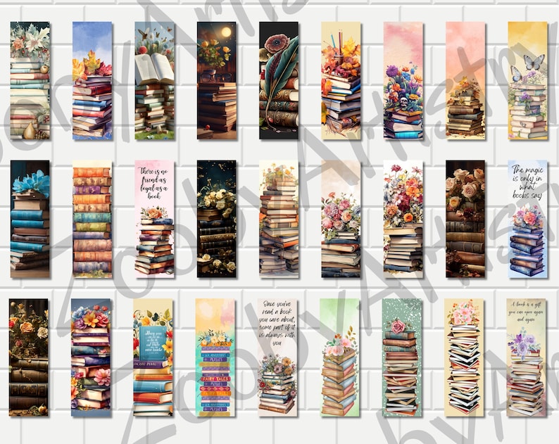 May include: A set of 20 colorful bookmarks featuring stacks of books with floral and nature-themed designs. Some bookmarks include quotes about reading, such as "There is no friend as loyal as a book" and "The magic is only in what books say."