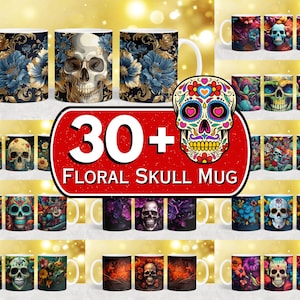 May include: 30+ Floral Skull Mugs. A collection of white ceramic mugs with colorful floral and skull designs. The mugs feature a variety of floral patterns, including roses, lilies, and daisies, and skulls with intricate details.