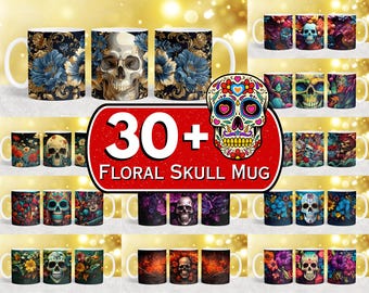Floral Skull Mug Wrap Bundle, Sublimation Design (Digital Download)