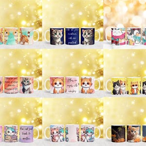 K&ouml;nnte beinhalten: Set mit 10 bunten Keramikbechern mit Katzenillustrationen und Text. Die Becher zeigen verschiedene Katzendesigns, darunter K&auml;tzchen, Katzen mit Engelsfl&uuml;geln und Katzen mit Text &uuml;ber ihre Liebe zu Komfort und Zuflucht.