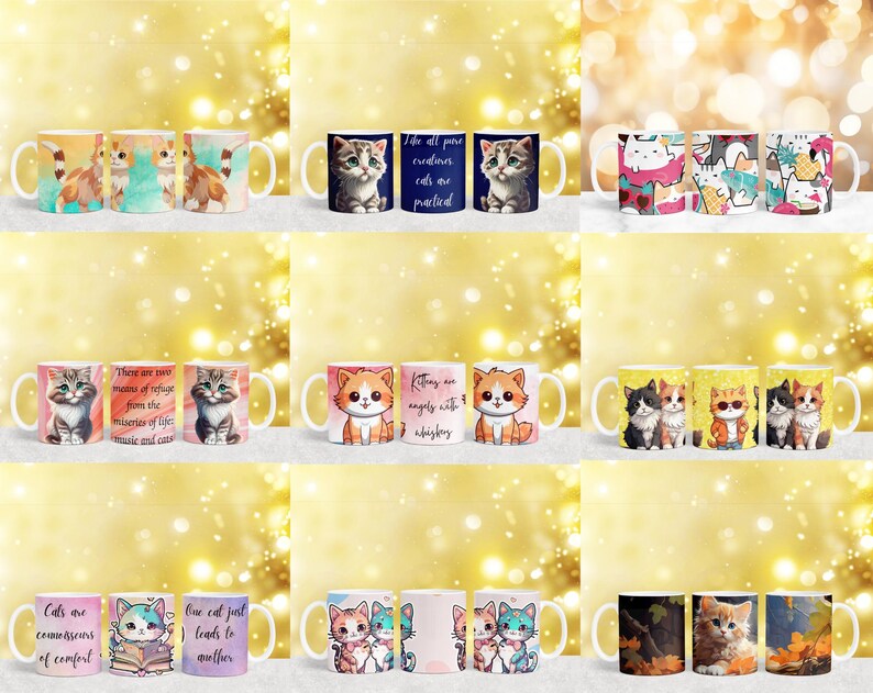 K&ouml;nnte beinhalten: Set mit 10 bunten Keramikbechern mit Katzenillustrationen und Text. Die Becher zeigen verschiedene Katzendesigns, darunter K&auml;tzchen, Katzen mit Engelsfl&uuml;geln und Katzen mit Text &uuml;ber ihre Liebe zu Komfort und Zuflucht.