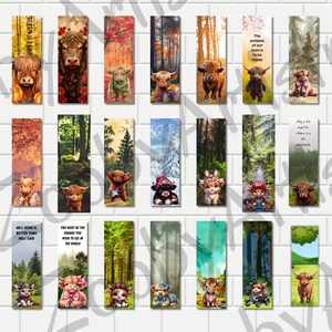 May include: A set of 20 printable bookmarks featuring Highland cows in various settings, including forests, meadows, and snowy landscapes. The bookmarks include inspirational quotes such as "The purpose of our lives is to be happy" and "Hell done is better than well said".
