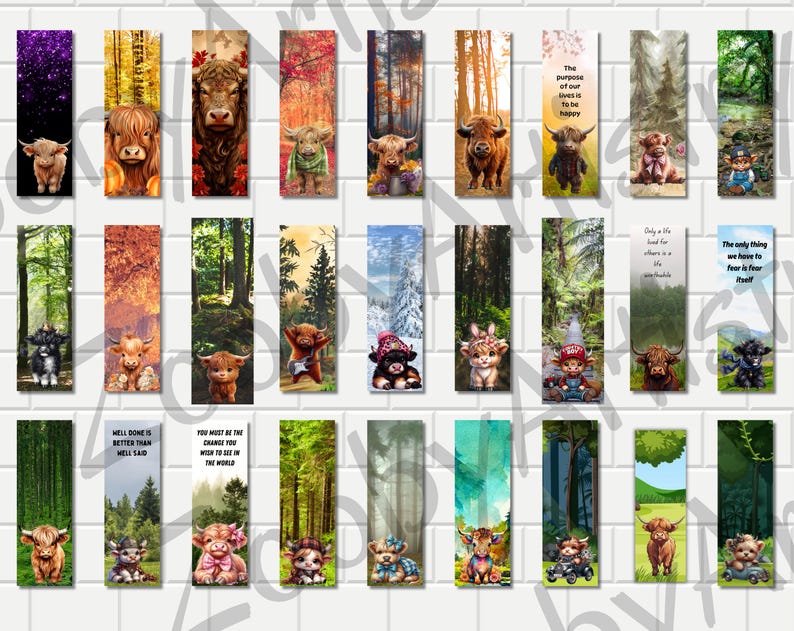 May include: A set of 20 printable bookmarks featuring Highland cows in various settings, including forests, meadows, and snowy landscapes. The bookmarks include inspirational quotes such as "The purpose of our lives is to be happy" and "Hell done is better than well said".