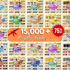 Könnte beinhalten: Ein Werbebild, das eine große Auswahl an Tassen mit verschiedenen Designs zeigt. Das Bild zeigt ein "Mega Mug Bundle"-Angebot mit 75% Rabatt. Die Tassen haben verschiedene Themen und Stile, mit Größen von 312ml und 444ml. Der Text zeigt eine große Auswahl an Tassen.