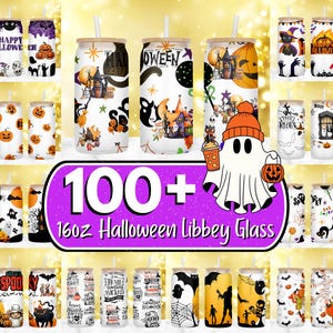 May include: A collection of Halloween-themed 16oz Libbey glasses with bamboo lids and straws. Designs include pumpkins, ghosts, bats, witches, and the text "Happy Halloween" and "Spooky". The glasses are arranged on a gold background.