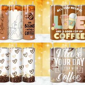 May include: Set of six stainless steel tumblers with various coffee-themed designs. The designs include coffee beans, hearts, and text that reads "Coffee Life", "Life Begins After Coffee", "All You Need Is Love And A Good Cup Of Coffee", and "Make Your Day Better With Coffee".