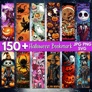 May include: A selection of Halloween-themed bookmarks with various spooky illustrations. The bookmarks feature images of pumpkins, ghosts, black cats, and other Halloween characters. The text "150+ Halloween Bookmark" is displayed in the centre.