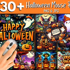 May include: A collection of Halloween-themed mouse pads with various designs, including pumpkins, ghosts, bats, and the text "Happy Halloween" and "Trick or Treat". The image also shows a computer mouse.