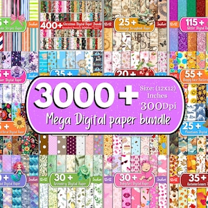 May include: A digital paper bundle showcasing diverse designs, such as floral, glitter, and patterned papers. The image presents a collection of digital papers, each 30.48 cm x 30.48 cm and 300 dpi. The bundle contains over 3000 digital papers.