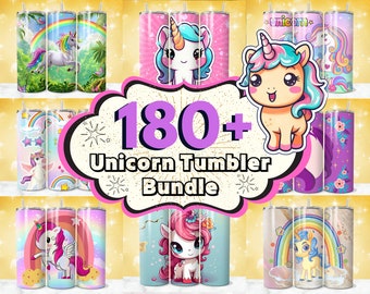 May include: A digital download of 180+ unicorn tumbler designs. The designs feature colorful unicorns with rainbows, stars, and flowers. The designs are perfect for sublimation, vinyl, and other crafting projects.