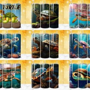 May include: Set of nine stainless steel tumblers with various turtle designs. The tumblers feature images of sea turtles, land turtles, and cartoon turtles. The designs are colorful and vibrant.