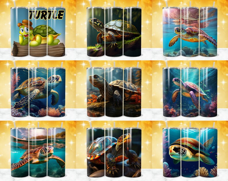 May include: Set of nine stainless steel tumblers with various turtle designs. The tumblers feature images of sea turtles, land turtles, and cartoon turtles. The designs are colorful and vibrant.