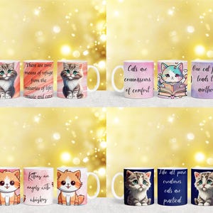K&ouml;nnte beinhalten: Set mit 10 wei&szlig;en Keramikbechern mit bunten Katzenillustrationen und inspirierenden Zitaten &uuml;ber Katzen. Die Zitate beinhalten: "Es gibt zwei M&ouml;glichkeiten, vor den Leiden des Lebens Zuflucht zu suchen: Musik und Katzen", "Katzen sind Kenner des Komforts", "Eine Katze f&uuml;hrt zu einer anderen", "K&auml;tzchen sind Engel mit Schnurrhaaren", und "Wie alle reinen Kreaturen sind Katzen praktisch".
