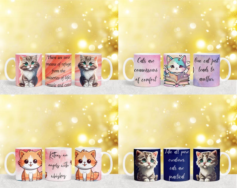 K&ouml;nnte beinhalten: Set mit 10 wei&szlig;en Keramikbechern mit bunten Katzenillustrationen und inspirierenden Zitaten &uuml;ber Katzen. Die Zitate beinhalten: "Es gibt zwei M&ouml;glichkeiten, vor den Leiden des Lebens Zuflucht zu suchen: Musik und Katzen", "Katzen sind Kenner des Komforts", "Eine Katze f&uuml;hrt zu einer anderen", "K&auml;tzchen sind Engel mit Schnurrhaaren", und "Wie alle reinen Kreaturen sind Katzen praktisch".