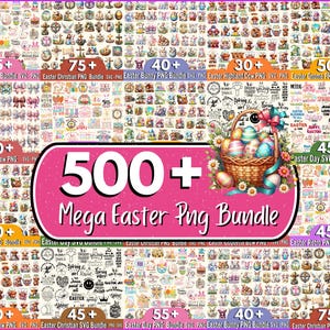 以下が含まれることがあります： イースターをテーマにした500以上のPNGグラフィックをフィーチャーしたコラージュ。画像には、ウサギ、卵、花、宗教的なシンボルなど、さまざまなデザインが含まれています。「500+ Mega Easter Png Bundle」というテキストがピンクのバナーに表示されています。