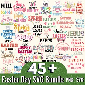 May include: A collection of 45+ Easter-themed SVG designs featuring bunny rabbits, eggs, flowers, and spring-themed text. The designs are perfect for creating crafts, cards, and other projects.