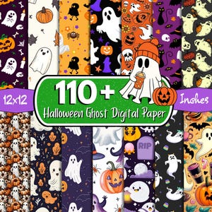 Könnte beinhalten: Eine Sammlung digitaler Papiere im Halloween-Stil, 30,48 x 30,48 cm groß. Die Muster zeigen Geister, Kürbisse und Fledermäuse. Der Text "110+ Halloween Ghost Digital Paper" ist im Bild zu sehen.