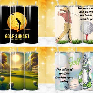 May include: Set of six stainless steel tumblers featuring various golf-themed designs. The designs include a golfer swinging a club, a golf ball on a tee, a sunset over a golf course, and a golf bag with clubs. The tumblers are all black with a silver lid and straw.