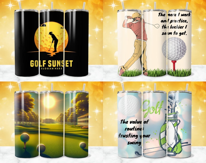 May include: Set of six stainless steel tumblers featuring various golf-themed designs. The designs include a golfer swinging a club, a golf ball on a tee, a sunset over a golf course, and a golf bag with clubs. The tumblers are all black with a silver lid and straw.