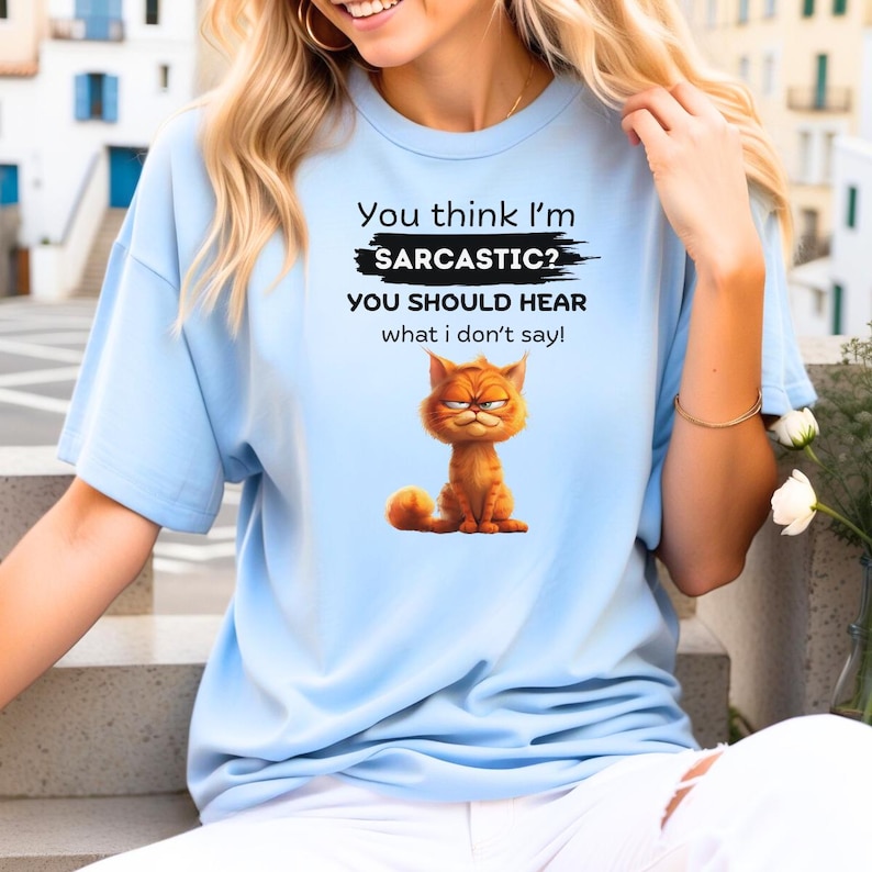 May include: Light blue t-shirt with the text "You think I'm sarcastic? You should hear what I don't say!" and a cartoon image of an orange cat. The cat has an angry expression.