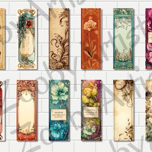 May include: Twelve vintage-style bookmarks with floral designs and ornate frames. Each bookmark features a different floral motif, including roses, lilies, and other flowers. The bookmarks are printed on a cream-colored paper with a textured finish. The text on the bookmarks includes "BUNTLA LAKRICHE HALL TUFTSENT", "SAPPHIR LAICARBAILLE TUFTSENT", and "QUILLA FLANTERMALA TUFTSENT".