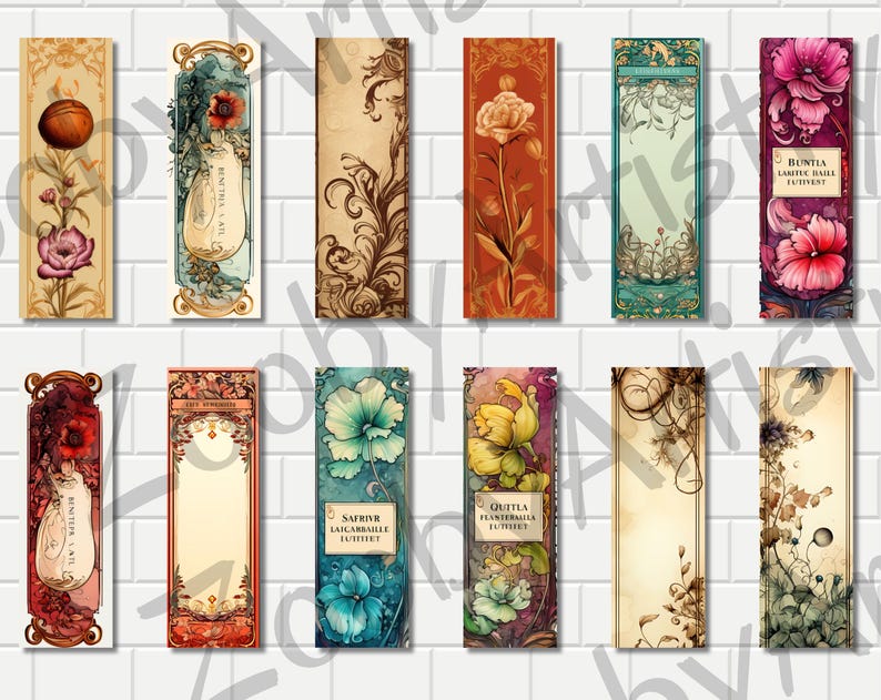 May include: Twelve vintage-style bookmarks with floral designs and ornate frames. Each bookmark features a different floral motif, including roses, lilies, and other flowers. The bookmarks are printed on a cream-colored paper with a textured finish. The text on the bookmarks includes "BUNTLA LAKRICHE HALL TUFTSENT", "SAPPHIR LAICARBAILLE TUFTSENT", and "QUILLA FLANTERMALA TUFTSENT".