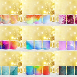 Puede incluir: Conjunto de 30 tazas de estilo acuarela con varios colores y patrones. Las tazas est&aacute;n dispuestas en tres filas de diez, con cada fila presentando un esquema de color diferente. Las tazas son todas blancas con un asa en el lado derecho.