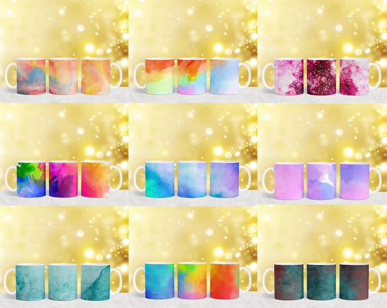 Puede incluir: Conjunto de 30 tazas de estilo acuarela con varios colores y patrones. Las tazas est&aacute;n dispuestas en tres filas de diez, con cada fila presentando un esquema de color diferente. Las tazas son todas blancas con un asa en el lado derecho.