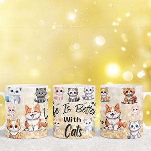 K&ouml;nnte beinhalten: Drei wei&szlig;e Keramikbecher mit einem bunten Comic-Katzen-Design. Die Becher tragen den Text "Life is Better with Cats".