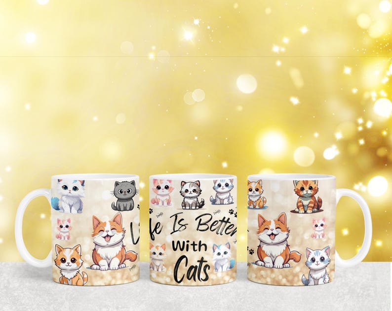 K&ouml;nnte beinhalten: Drei wei&szlig;e Keramikbecher mit einem bunten Comic-Katzen-Design. Die Becher tragen den Text "Life is Better with Cats".
