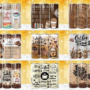 May include: Set of 10 coffee-themed tumbler designs featuring various illustrations and text, including coffee beans, coffee cups, gnomes, and motivational quotes. The tumblers are all in a similar style with a white background and brown accents.
