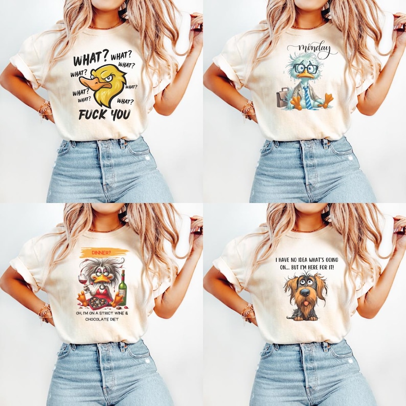 May include: Four cream-colored graphic t-shirts with different cartoon animal designs and text. One shirt features a duck with the text "WHAT? FUCK YOU". Another says "Monday" with a duck wearing glasses. The third says "DINNERT" and the last says "I HAVE NO IDEA WHAT'S GOING ON... BUT I'M HERE FOR IT!"