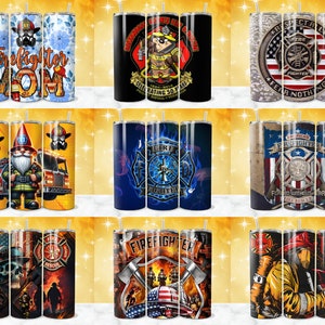 K&ouml;nnte beinhalten: Satz von neun Sublimationsbechern mit verschiedenen Feuerwehr-Designs. Die Designs beinhalten einen Feuerwehr-Zwerg, ein Feuerwehrauto, einen Feuerwehrhelm, eine amerikanische Flagge und einen Feuerwehrmann mit einer Axt. Die Becher sind alle aus Edelstahl und haben ein Schwarz-, Wei&szlig;-, Rot-, Blau- und Gelbschema.
