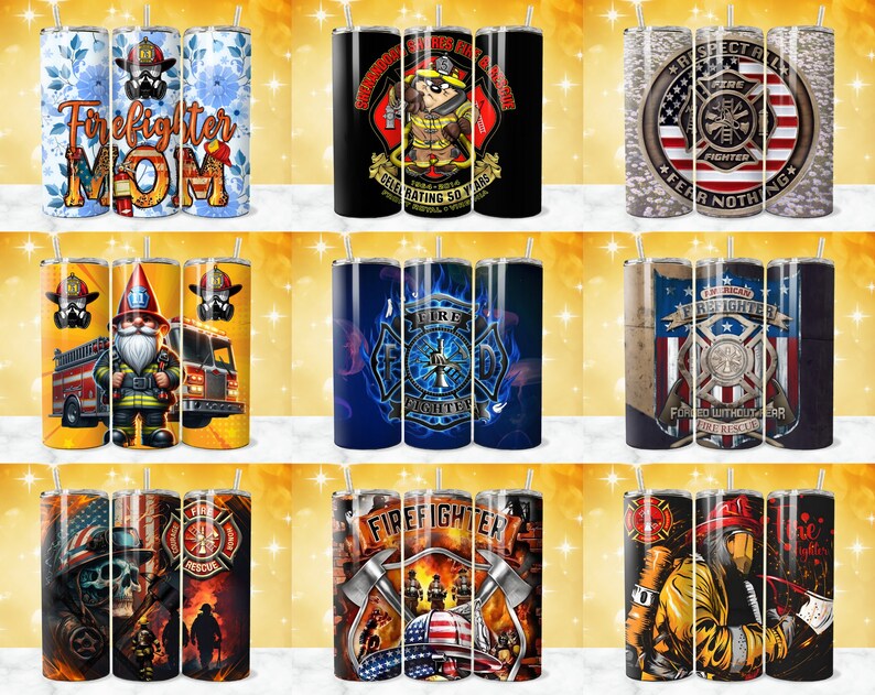 K&ouml;nnte beinhalten: Satz von neun Sublimationsbechern mit verschiedenen Feuerwehr-Designs. Die Designs beinhalten einen Feuerwehr-Zwerg, ein Feuerwehrauto, einen Feuerwehrhelm, eine amerikanische Flagge und einen Feuerwehrmann mit einer Axt. Die Becher sind alle aus Edelstahl und haben ein Schwarz-, Wei&szlig;-, Rot-, Blau- und Gelbschema.