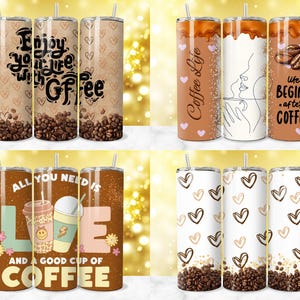 May include: Set of three stainless steel tumblers with various coffee-themed designs. The designs include "Enjoy your life with coffee", "Coffee Life", "All you need is love and a good cup of coffee", and a heart pattern with coffee beans at the bottom.