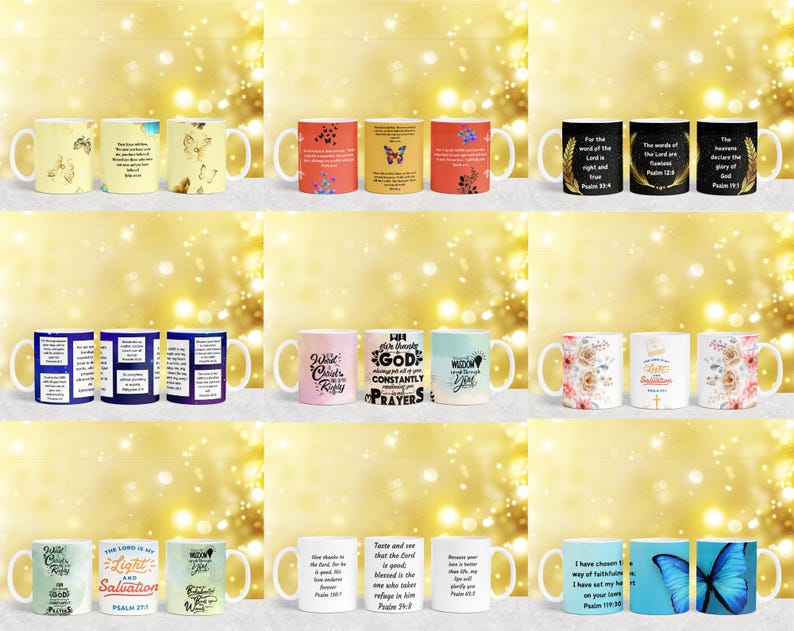 May include: A collection of 12 white ceramic mugs with various Christian-themed designs and scripture verses. The mugs feature colorful floral patterns, butterflies, and inspirational quotes.