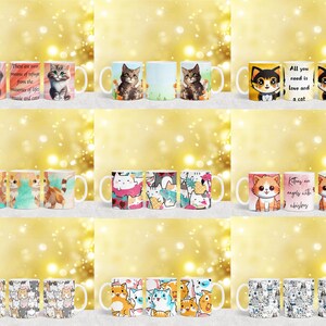 K&ouml;nnte beinhalten: Set mit 10 wei&szlig;en Keramikbechern mit verschiedenen Katzenmotiven. Einige Becher zeigen Katzen mit unterschiedlichen Gesichtsausdr&uuml;cken, w&auml;hrend andere farbenfrohe Muster und Text wie "Es gibt zwei Zufluchtsorte vor den Leiden des Lebens: Musik und Katzen" und "Alles, was du brauchst, ist Liebe und eine Katze" haben.