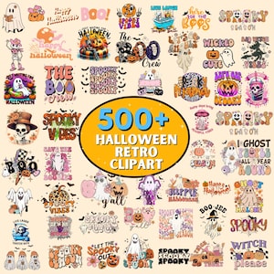 Puede incluir: Una colección de más de 500 diseños de imágenes prediseñadas retro de Halloween. Las imágenes presentan fantasmas, calabazas, calaveras y varias frases espeluznantes en una variedad de colores, incluyendo naranja, morado y negro. El texto "500+ Halloween Retro Clipart" se muestra.