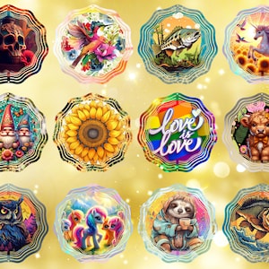 May include: A collection of decorative, scalloped-edge metal ornaments. Designs include a skull, hummingbird, fish, unicorn, gnomes, sunflower, rainbow text reading "love is love", a cow, an owl, ponies, a sloth, and a fish.