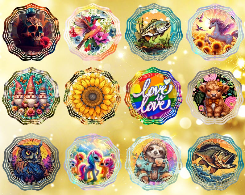 May include: A collection of decorative, scalloped-edge metal ornaments. Designs include a skull, hummingbird, fish, unicorn, gnomes, sunflower, rainbow text reading "love is love", a cow, an owl, ponies, a sloth, and a fish.