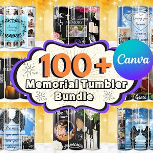 以下が含まれることがあります： 天使、十字架、ろうそく、花などのさまざまな画像、テキスト、色を特徴とする、100種類以上の追悼用タンブラーのデザインをまとめたデジタルコラージュです。テキストには、「愛する思い出に」「恐れよりも信仰」「あなたがいなくて寂しい」「永遠に愛しています」などのフレーズが含まれています。これらのデザインは、愛する人を称えるためのパーソナライズされたタンブラーを作成するのに最適です。